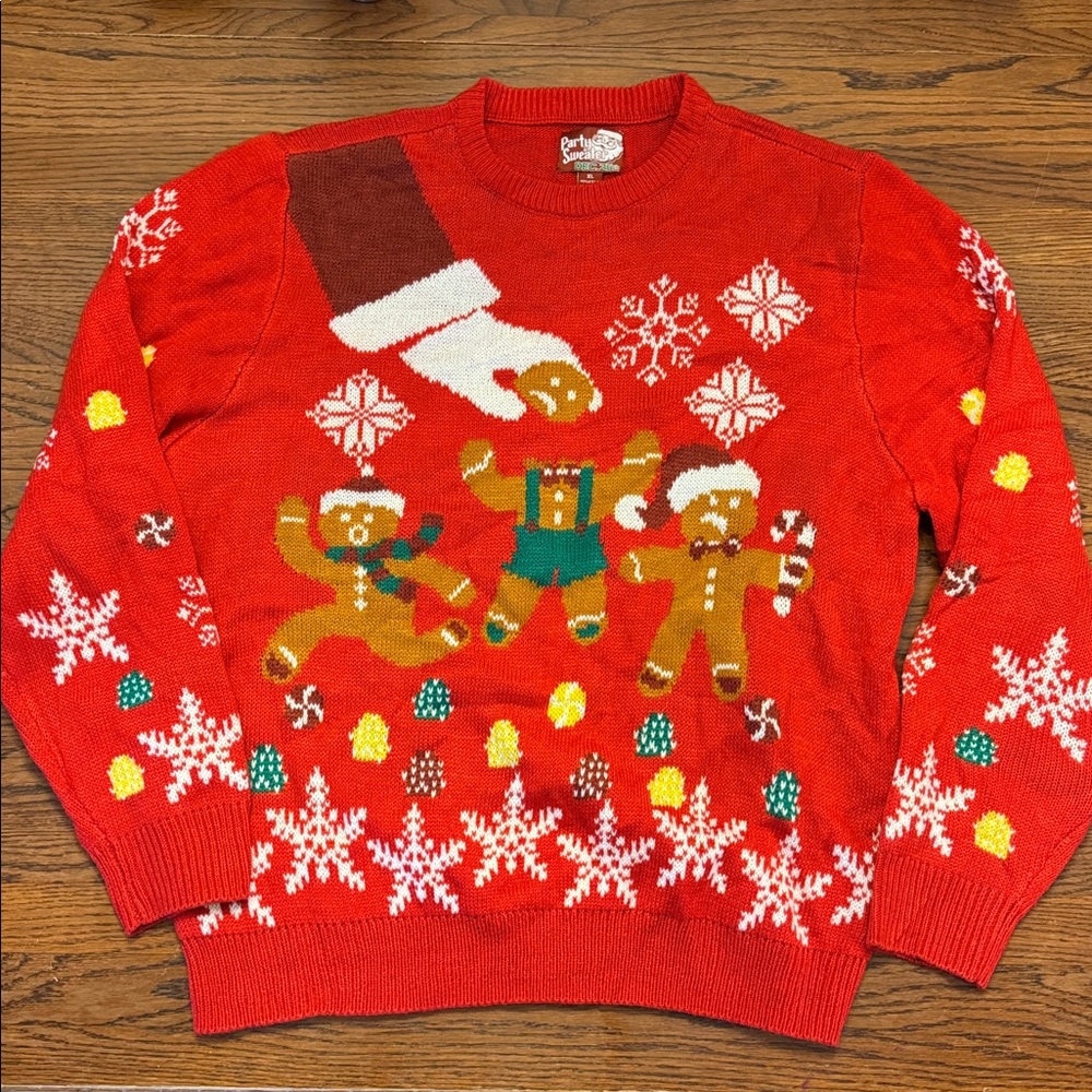 Party Sweater Red Holiday Sweater with Broken Gingerbread Head Motif size XL